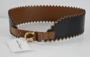 NWT Salvatore Ferragamo Sz 85 Cm Black Camel Wide Leather Belt Italy Buckle New