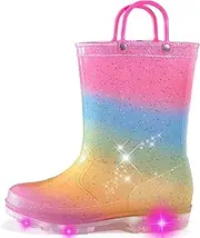 [Greentiming] Toddler Rain Boots for Girls Boys, Kids Rain Boots Light Up Glitter Boot Waterproof Shoes with Easy on Handles