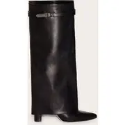 Black Matte PU Point Toe Fold Over Knee High Block Heeled Boots, Black