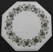 12 Inches White Marble Coffee Table Top Abalone Shell Inlay Work Bed Side Table