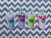 8pc Rainbow Acai Refresher, Coffee Planar Resin Cabochon, Bow Center. Flatback,