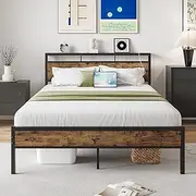 FOUBAM Full Size Bed Frame with Storage Headboard, Double Bed Frame with USB and TypeC Charging Station, Metal Platform Bed with Strong Supports,Sturdy and Noise-Free, Easy Assembly, Vintage Brown