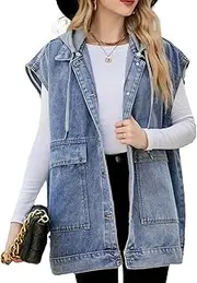 [AUKLETBLIEF] Women's Oversized Denim Vest with Hood - Sleeveless, Retro Casual, Soft & Comfortable for Any Occasion, Blue with Hat 01, X-Large Plus
