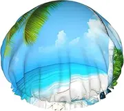 Palm Trees And Blue Sea Print Various Activities Shower Cap Reusable Soft And Lightweight Bath Hair Cap Long Hair