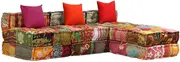3-Seater Modular Pouffe Patchwork Fabric,Convertible Modular Sofa Bed with Ottoman and Accent Pillows Multicolour Patchwork Design Furniture Cushions