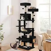Cat Tree Play Tower, 184cm Multi-Level Cat Scratching Post Tower, Pet Dens Condo Wood House Furniture with Sisal Scratcher Poles and Scratching Pad, Black