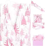 100 Sheets Christmas Tree Tissue Paper, 20 x 14in Watercolor Xmas Tree Print Wrapping Tissue Tree Art Decorative Tissue for Christmas Party Supplies (Pink)