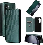 Anti Fingerprint Carbon Fibre Solid Color Housing Compatible with Samsung Galaxy Z Fold6 ZFold6 SM-F9560 Phone Shell Flip Cover Card Slot Leather Case (Green,Samsung Z Fold6)