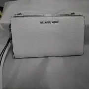 Michael Kors Jet Set Double Zip Silver Tone Wristlet Optic White New