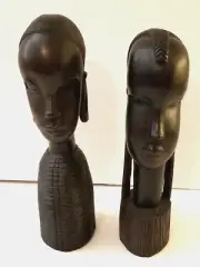Vintage Pair of African Hand Carved Ebony Wood Busts Made in Kenya 9.5"
