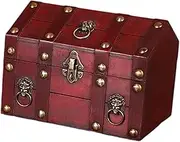 Generic Pirate Treasure Chest Storage Box Wooden with Hinged Lid Handmade Photo Props Unique Jewelry Storage Box Decorative Trunk, Red
