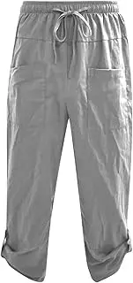 [Generic] Mens Harem Linen 3/4 Pants Drawstring Boho Yoga Capri Pant Lightweight Elastic Waist Beach Pants