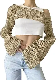 [Bnigung] Women's Mesh Crochet Crop Tops Shrugs Sexy Y2k Hollow Out Cropped Knit Sweater See Through Bikini Cover Ups