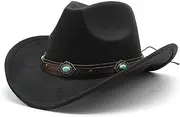 [BITUSIC] Women's Western Cowboy Hat Vintage Wide Brim Soft Wool Hat with Belt Buckle Breathable, Sunproof, Stylish Cowgirl Hat Black