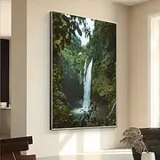 1 Frameless Canvas Art Print - Lush Forest Waterfall Scene With Mediterranean House - Modern Wall Decoration In Living Room Bedroom Dining Area - Vibrant Natur