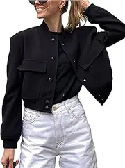 [Megfie] Womens Cropped Bomber Jacket Button Down Varsity Jackets Shackets With Pockets