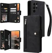 [YocoverTech] for Samsung S23 Ultra 5G Case,for Galaxy S23 Ultra 5G Wallet Case[6 Card Slots and 1 Zipper Coin Pocket] PU Leather Stand Flip Cover with Wrist Strap[6.8 inch]-Black