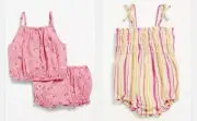 Old Navy Girl Button Top & Bloomer Shorts Set & Tie Bow Romper Pink Stripe 6-12M