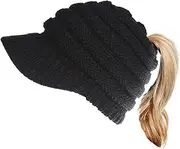 [EachWell] Women Cable Knit Beanie Cap Soft Stretch Messy High Bun Winter Ponytail Hat
