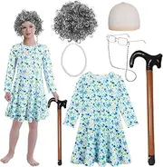 100 Days of School Costume Old Lady Costume for Kids Girls Granny Dress up 100 Year Grandma Halloween Cosplay with Accessories