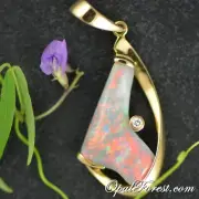 Red Fire Australian Lightning Ridge Solid Opal 18K Gold Pendant Necklace Diamond