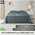 Natural Home European Flax Linen Fitted Flat Sheet Set Washed Blue Super King