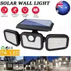 3 Head 74LED Solar Motion Sensor Light Outdoor Garden Wall Security Flood Lamp