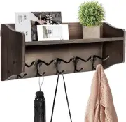 Handcrafted Coat Shelf Wall-Mounted Rustic Wood 5 Vintage Metal Hooks Storage