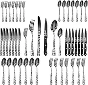 48PCS Stainless Steel Silverware Set Mirror-Polished Cutlery Flatware Set 8 Steak Knives 8 Dinner Knives 8 Forks 8 Spoons 8 Tea Forks 8 Teaspoons with Beautiful Flower Pattern for Kitchen Restaurants