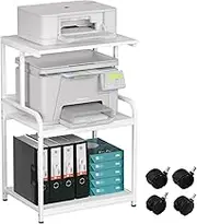 3-Tier Printer Stand, Large Printer Table on Wheels, Movable Printer Stand with Storage, Rolling Printer Cart for Fax Scanner Files Media Player, Multifunctional Trolley for Office Home Kitchen, White