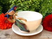 #2 Coffee or Tea Cup Saucer Hummingbird & Vines Handmade Ceramic Tonala Mexico