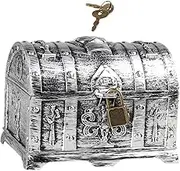 Pirate Treasure Chest Jewelry Box Collection Storage Box with Lock and Key for Brooches Bills Necklaces Letters, Antique Silver, 14cmx10cmx10.5cm