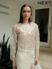 Ecru Sheer Sequin Long Sleeve Top (AW6699) | $90