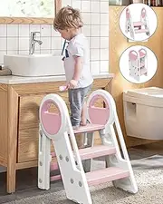 Kid Step Stool Plastic Toddler Step Stool for Kids Three Step Standing Tower for Kitchen/Bathroom/Toilet Potty Training, Learning Helper with Handles and Safety Non-Slip Pads