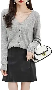 [LINY XIN] Women's 100% Merino Wool Cardigan Sweater 2023 Fall Winter Soft V Neck Long Sleeve Knit Lightweight Cardigan, Light Grey, Small