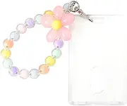 Kpop Photo Card Holders Keychains Acrylic Coloful Beads Flower Pendant Transparent ID Card Sleeves Protector for School Bus Work Card Holders for Women Photocard Holder