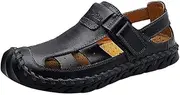 [HOTRA] Men's Sandals Leather Fashion Beach Shoes Flip Flops Comfortable Walking Sandals Closed Outdoor Shoes Adjustable Mules Slipper (Color : Black, Size : 6)