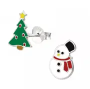 Kids Silver Christmas Tree and Snowman Stud Earrings