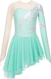 [Jugaoge] Kids Girls Shiny Sequins Artistic Figure Skating Dance Costume Long Sleeve Gymnastics Rhythmic Dance Dress