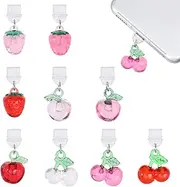 GLOBLELAND 9Pcs 3 Styles USB C Kawaii Dust Plugs Charm with Resin Fruits Pendants Strawberry Cherry Dust Proof Plugs Type C Plastic Mobile Dust Plugs Phone Port Protector for Type-C Port Device