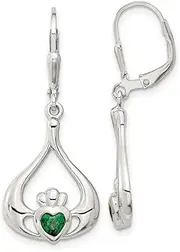 [JewelryWeb] 925 Sterling Silver Polished Green CZ Simulated Diamond Love Heart Leverback Irish Claddagh Celtic Trinity Knot Long Drop Dangle Earrings 38x16mm Wid-Dangle Earring for Women