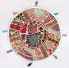 22" Embroidered Round Floor Pillow/Cushion Cover/Bean Bag With Patchwork White