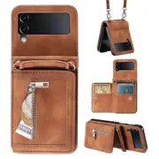 Kickstand Zipper Pocket Leather Cover For Samsung Galaxy Z Flip4 5g, + Hand Strap And Shoulder Strap