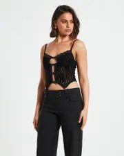 Ines Hook Front Devore Lace Cami Top in Black