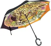 Double Layer Inverted Umbrella Cars Reverse Umbrella Tropical Leopard Boho Style Windproof UV Proof Travel Outdoor Umbrella