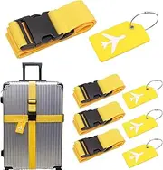 [homfanseec] 8-Piece TSA-Approved Luggage Straps Anf Silicone Tags Set, 4 Adjustable Suitcase Belts with Locking Buckles and 4 Reusable Airplane-Themed Id Tags for Travel, Secure, Durable Yellow Luggage