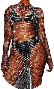 [Fstrend] Women's Crystal Mesh Cover Up Rhinestone Long Sleeve See see Through Sexy Nightclub Fishnet Bikini Rave Festival Body Accessories Jewelry for Women and Girls