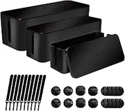 [Set of 3] Cable Management Boxes Organizer, System to Cover and Hide & Power Strips & Cords,Large Storage Wires Keeper Holder for Desk, TV, USB Hub, Computer (Black)