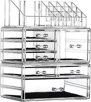 Cq acrylic Makeup Organizer Skin Care Large Clear Cosmetic Display Cases Stackable Storage Box With With 7 drawers and 16 slots,Set of 3