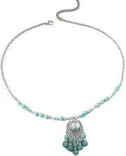 [Generic] Vintage Boho Turquoise Beaded Forehead Chain Delicate Bead Ball Tassel Pendant Head Chain Bohemian Gypsy Belly Dance Party Costume Headband Headpiece for Women (Blue, One size)